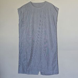 Minimalist Lagenlook Gingham Stripe Mixed-Media Sleeveless Shift Midi Dress